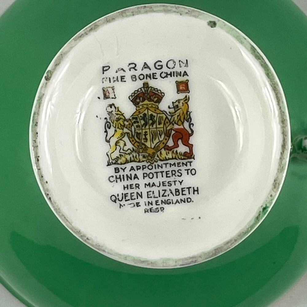 Paragon Fine Bone China Green Floral Teacup Saucer Set Gold Trim England Vintage - Picture 8 of 15